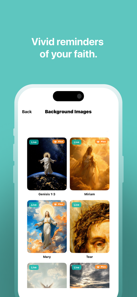 Amen app screen showing a selection of Christian live background images and wallpapers