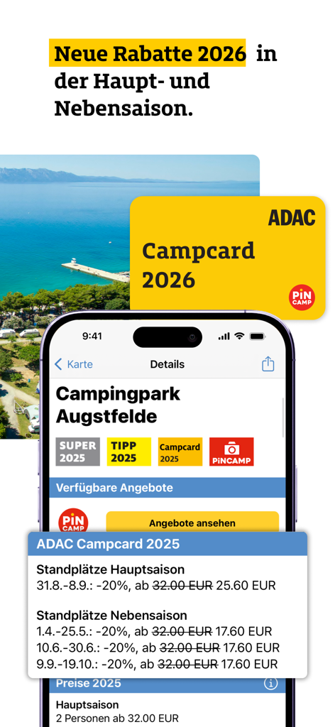 Interfaz de la app ADAC Camping mostrando descuentos de Campcard y precios de temporada para campings europeos