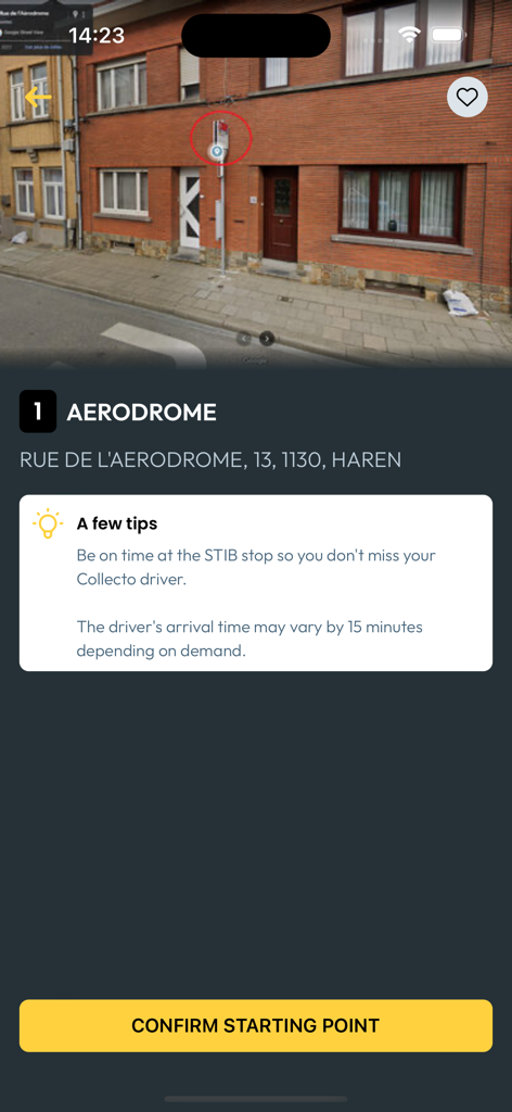 Collecto, your shared taxi - Interfaz de la app Collecto que muestra una pantalla de confirmación de punto de recogida con vista de calle