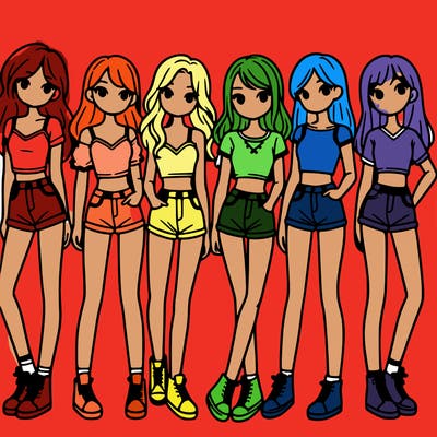a group of girls wearing crop tops and shorts