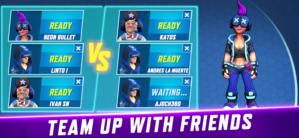 Gridpunk - PvP Battle Arena - A matchmaking screen in Gridpunk showing two teams of three players ready for battle with a cyberpunk character avatar