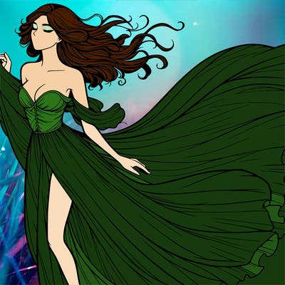 realistic woman in dress flowing the the wind