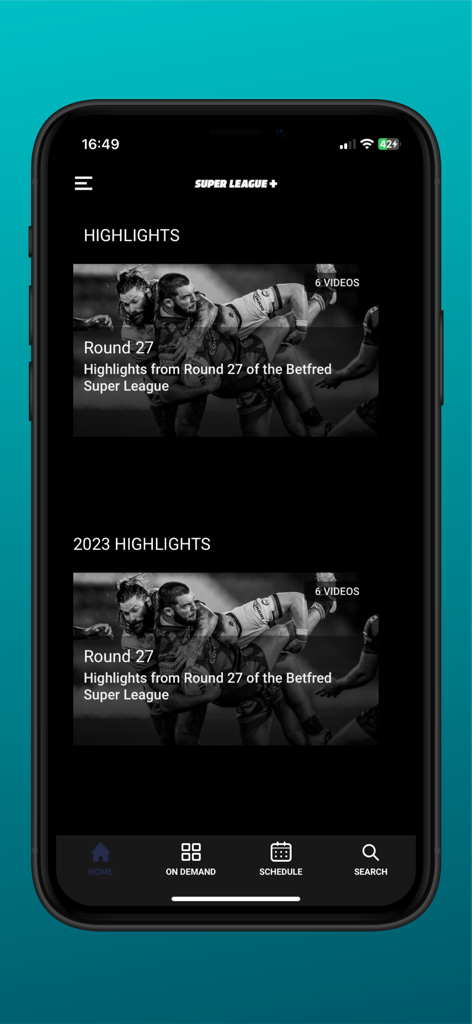 SuperLeague+ - SuperLeague plus 앱 인터페이스에 럭비 경기 하이라이트 및 VOD 동영상 옵션이 표시됩니다.