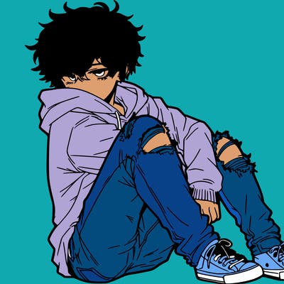 a male hoddie ripped jeans messy hair anime