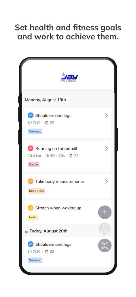 Jay Fitness - Jay Fitness app interface showing a list of daily health and fitness tasks including workouts cardio and habit tracking