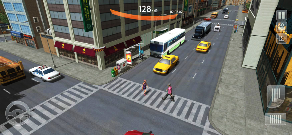 offroad Coach Bus Simulator 3d - Third person view of a bus driving through a city intersection with taxis and pedestrians