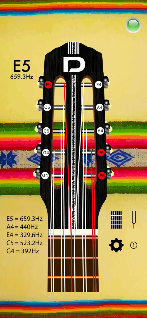 Charango Tuner Pro - Charango Tuner Pro app interface showing a charango headstock with tuning notes and sound frequency in Hz.