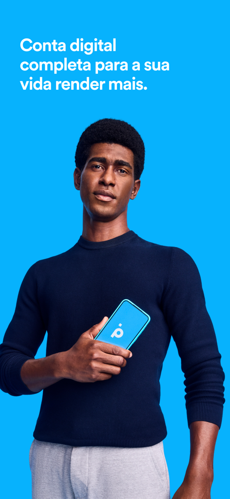 A man holding a smartphone with the Banco PAN logo on a bright blue background