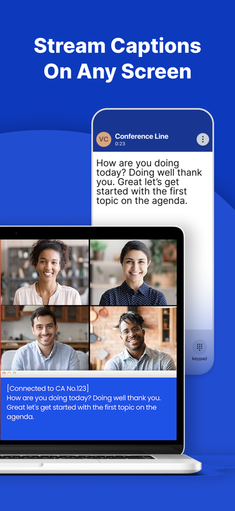 InnoCaption: Call Captioning - A smartphone and laptop showing synchronized real-time captions for a conference call.