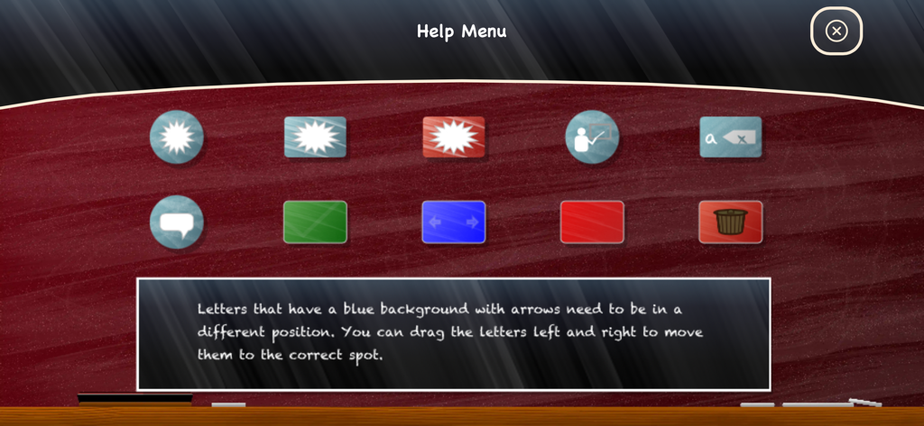 Simplex Spelling Phonics CVC - Menu de ajuda do aplicativo Simplex Spelling Phonics CVC mostrando ícones de instrução e texto sobre posicionamento de letras