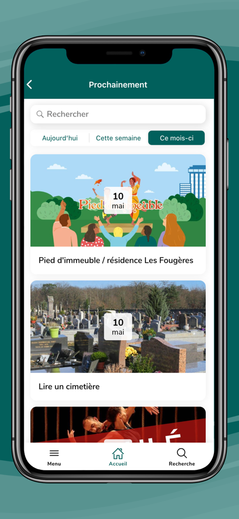 Screenshot dell'app Ville d'Avon che mostra un elenco di eventi locali e attività comunitarie imminenti