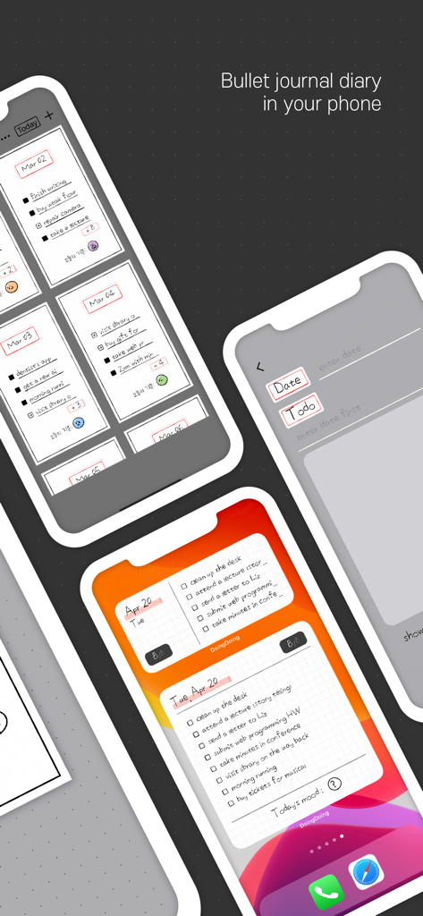 Doing Doing - Screenshots of the Doing Doing app showing minimalist bullet journal style to-do lists on multiple mobile screens.