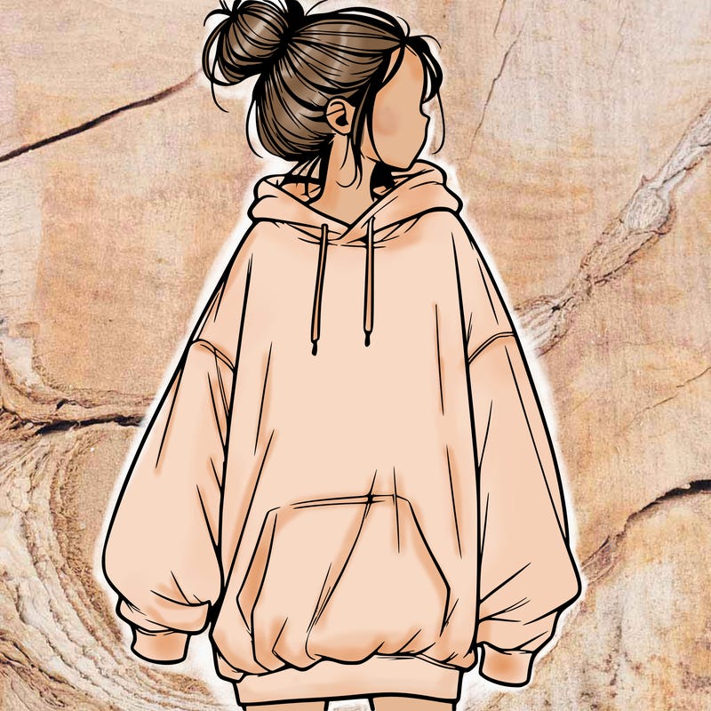 realistic girl with a oversized sweatshirt on and a bun