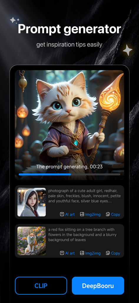 SD - AI Art Photos Generator - AI art prompt generator screen showing a generated wizard cat and prompt inspiration tips.