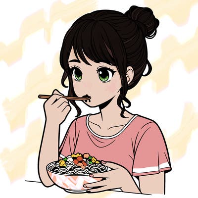 a realistic girl, eating food
