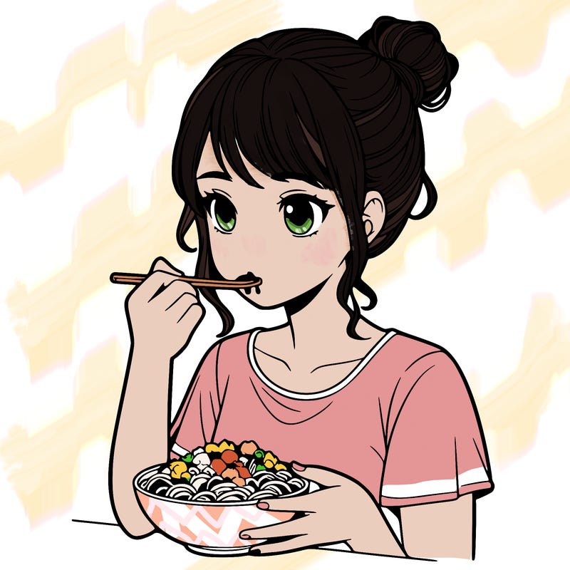 a realistic girl, eating food