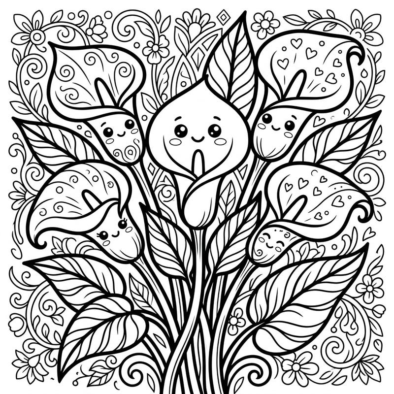 Unleash your creativity with this enchanting Kawaii Calla Lilies coloring page, blending the sophisticated beauty of these flowers with an irresistibly cute Japanese art style. Perfect for a relaxing coloring session, this intricate design promises hours of joyful artistic expression.