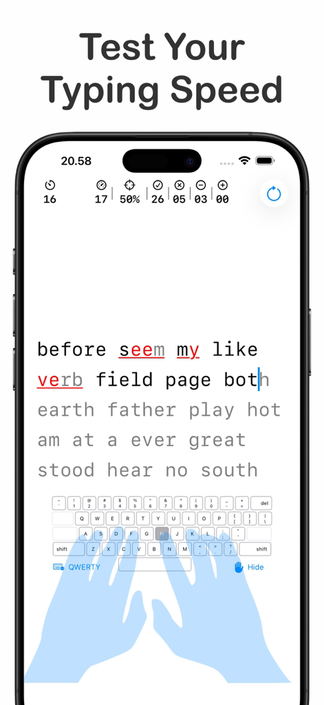 Typing speed test interface with virtual hand guide and live metrics