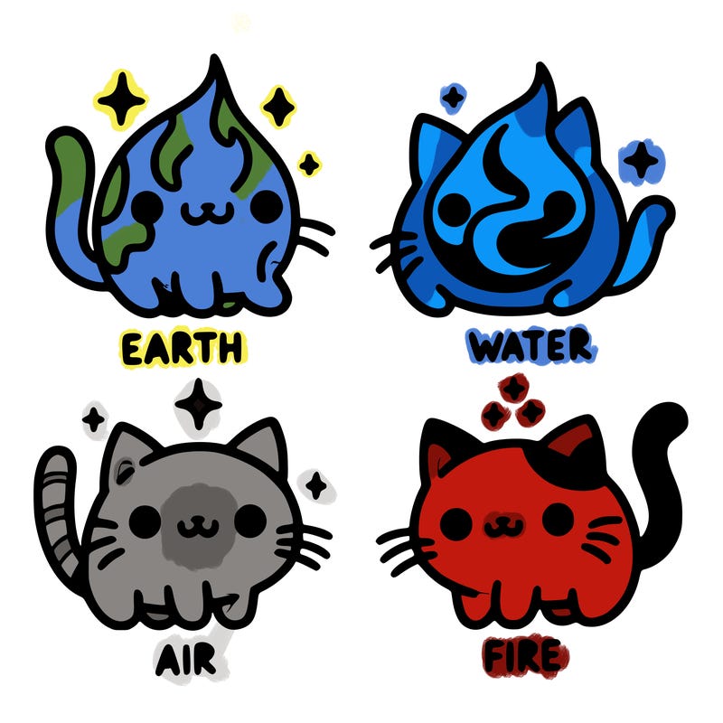 4 cats that represent the different elements, earth, water, air, and fire