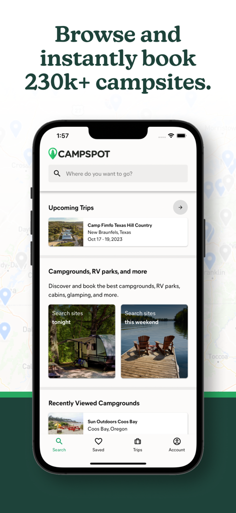 Campspot | RV Camping - Pantalla de inicio de la aplicación móvil Campspot para explorar y reservar campamentos y sitios de RV