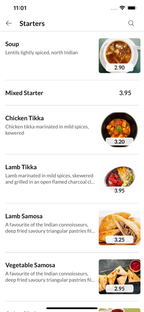 Curry Queen Indian Takeaway app displaying the starters menu with images and prices of various Indian appetizers