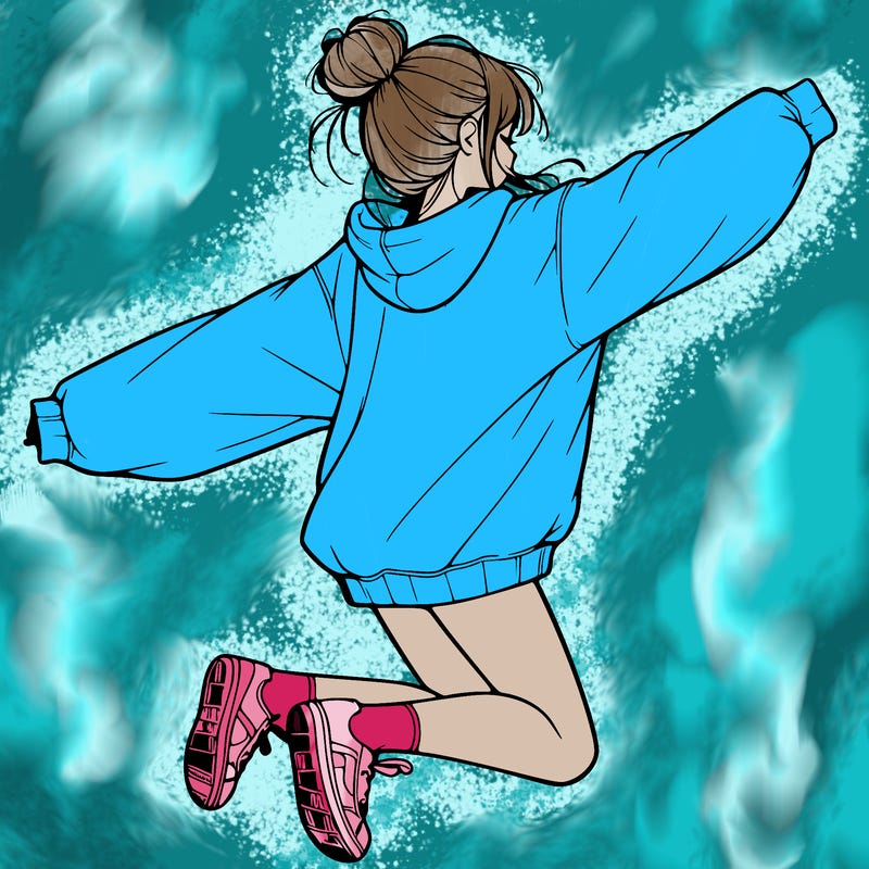 realistic girl jumping with a bun and oversized sweatshirt