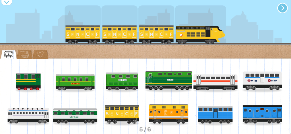 Selection screen featuring various train car templates in a brick building game for toddlers.
