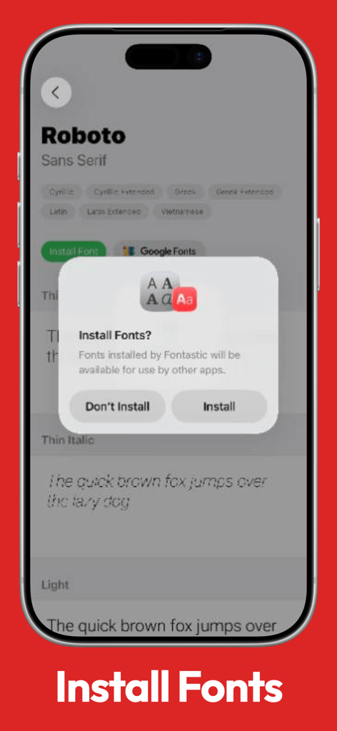 Fontastic - Install Fonts - Screenshot of Fontastic app showing a system popup to install fonts on an iPhone