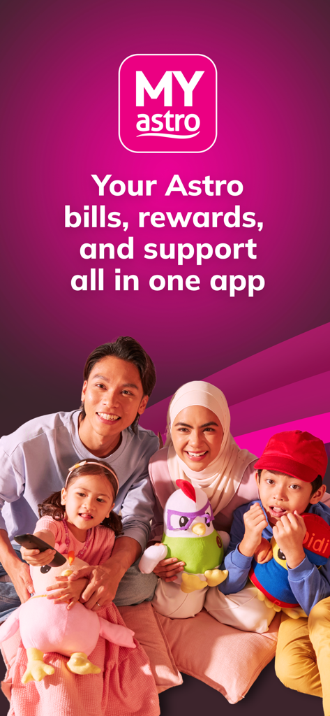 Bannière promotionnelle pour l'application My Astro présentant une famille heureuse et du texte mettant en avant les fonctionnalités de facturation, de récompenses et de support.