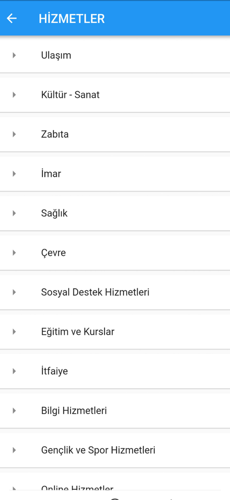 Bursa Büyükşehir Belediyesi - List of municipal services in the Bursa Metropolitan Municipality mobile application