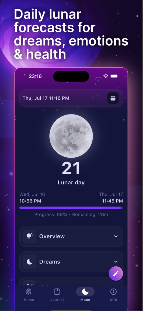 Dream Dictionary-Dream Reading - Daily lunar forecast screen showing the current moon phase and guidance for dreams and emotions.
