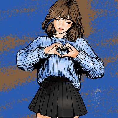 realistic girl in sweater and skirt making a heart with her hands