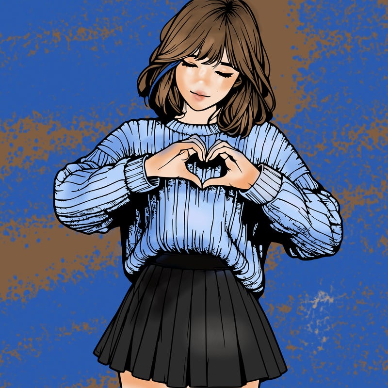 realistic girl in sweater and skirt making a heart with her hands