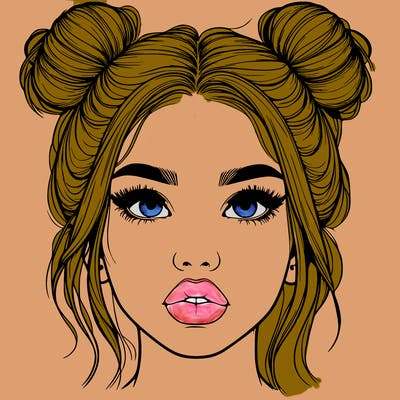 realistic girl with two buns on her hair and lips