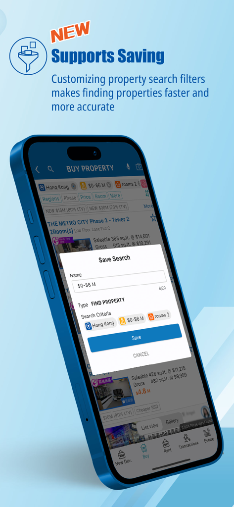 Ricacorp Real Listing - Interface of the Ricacorp Real Listing app showing the save search feature with property filters
