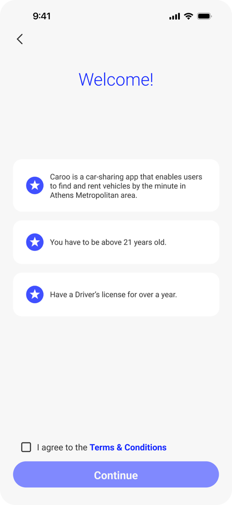 Caroo - Caroo app welcome screen displaying user eligibility requirements for car sharing in Athens