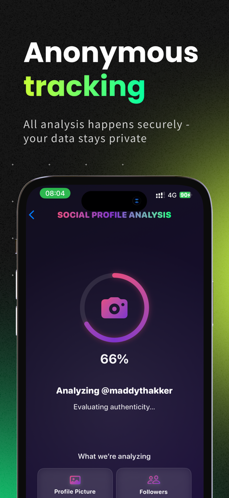 Buster AI app screen showing social profile authenticity analysis progress