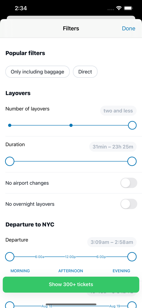 Cheap Flights online - Search filter screen in the Cheap Flights online app showing options for layovers and departure times