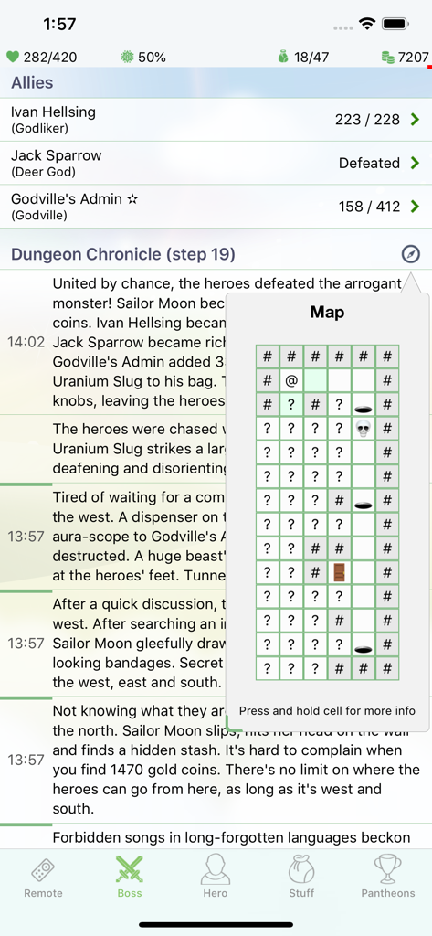 Godville - Pantalla de juego de Godville que muestra el registro de texto de la Crónica de la Mazmorra y un mapa basado en cuadrícula