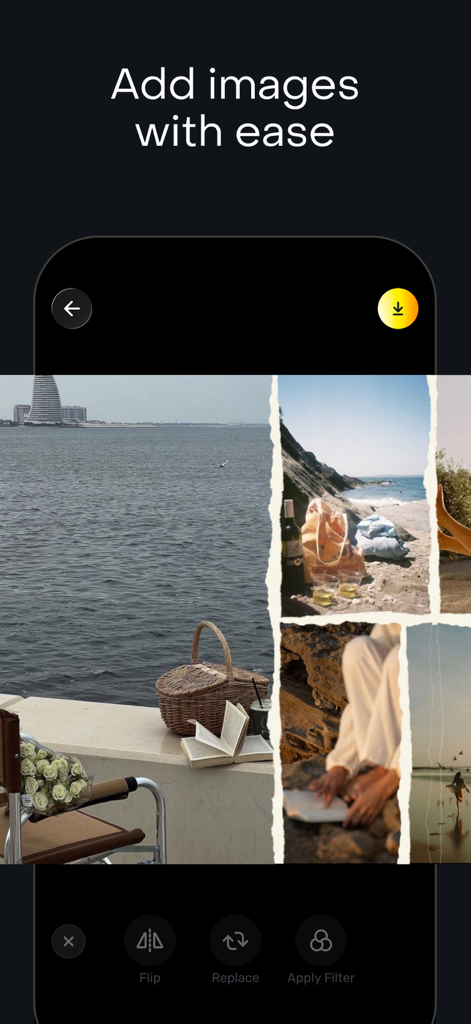 Zaps Collages - Mobile app interface of Zaps Collages showing an aesthetic beach-themed photo collage with options to add images and apply filters.