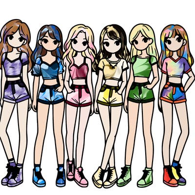 a group of girls wearing crop tops and shorts