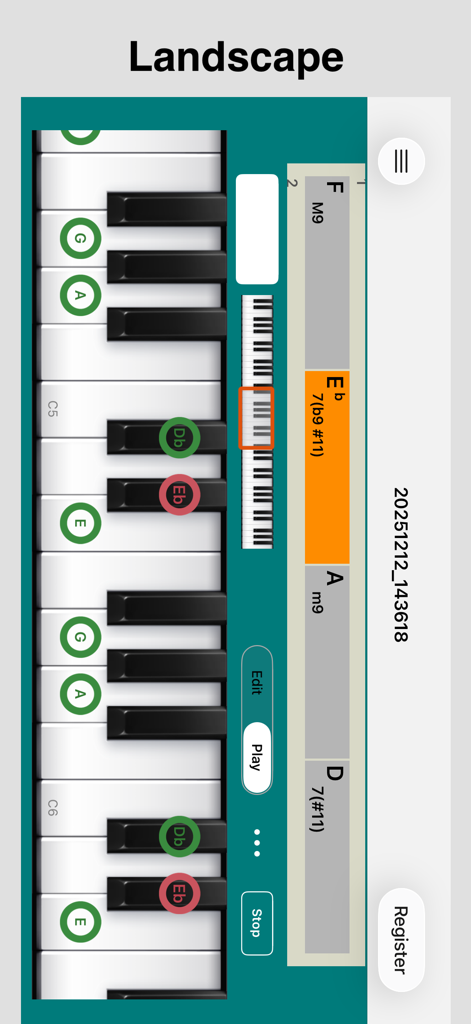 Piano Chords Master app showing a jazz chord progression and highlighted keys in landscape mode.