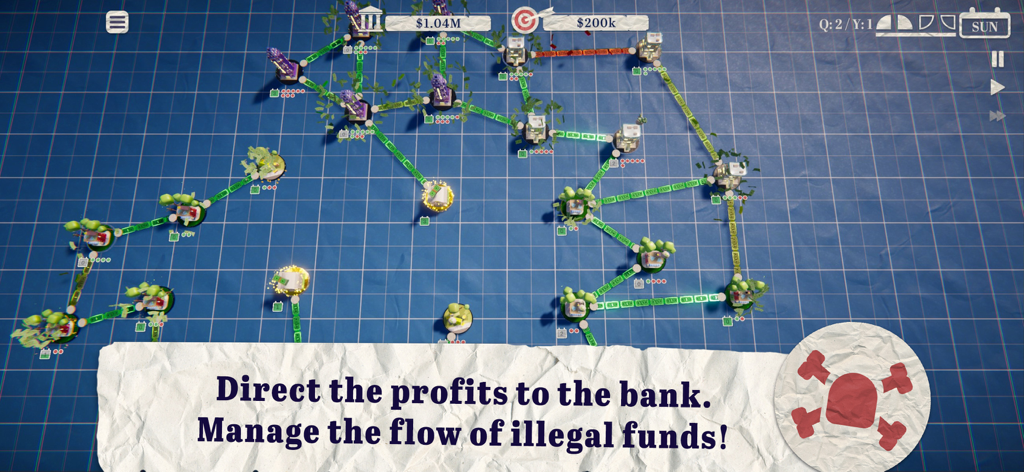 Simple CEO Business Simulator - Tela de jogabilidade do Simple CEO mostrando uma grade de rede de negócios com conexões de fluxo de dinheiro e gerenciamento de fundos ilegais