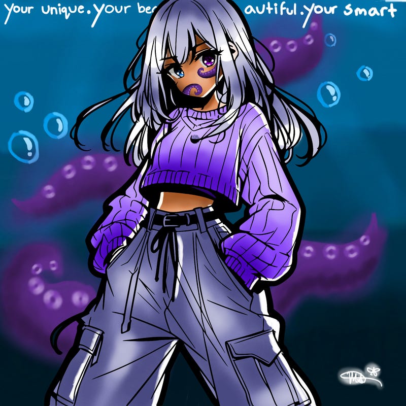 anime teen girl with baggy pants and crop top with sweater