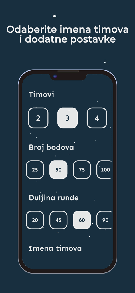 Moderni Alias - Moderni Alias app screen for choosing teams points and round length settings