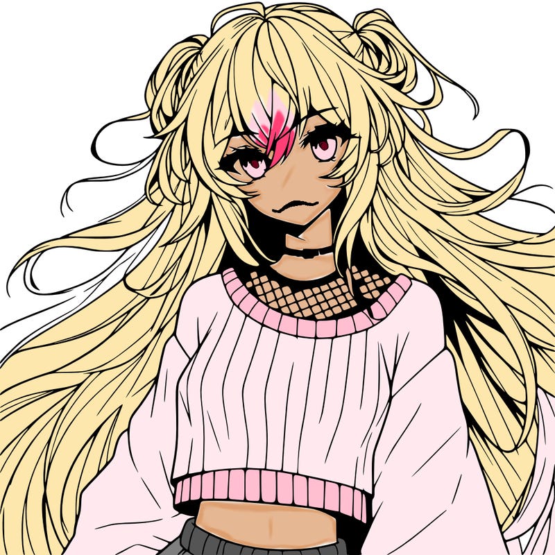 anime girl with long messy hair wearing a long sleeve crop top