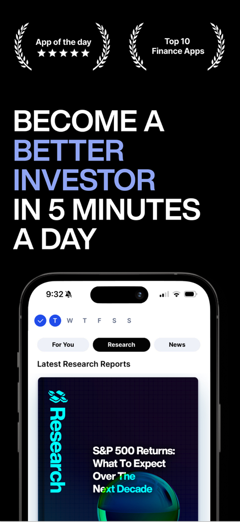 Interface de l'application Finimize présentant des rapports de recherche sur les marchés et des perspectives d'investissement quotidiennes