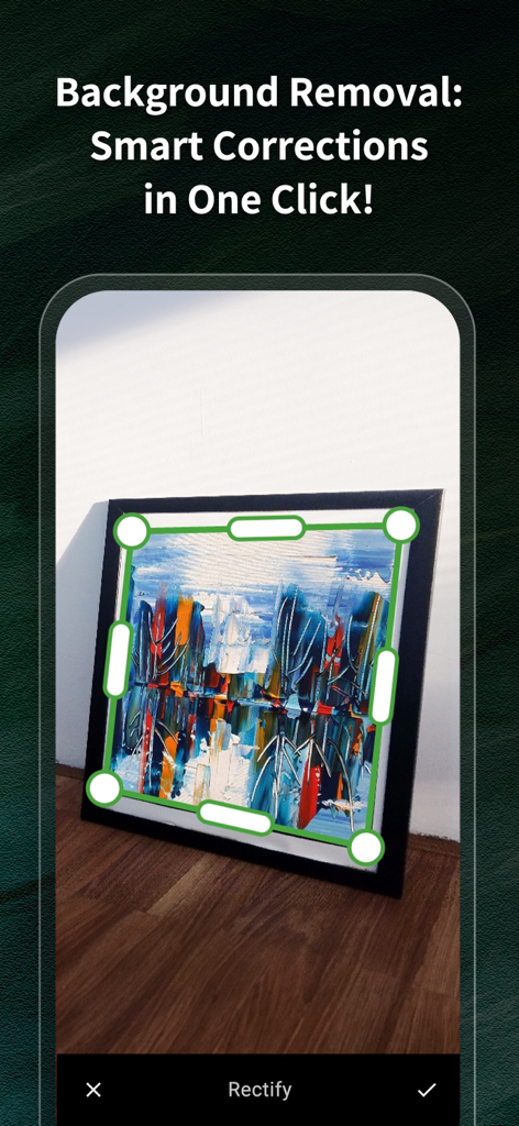 Frameit:Framed Art &Video edit - Frameit app interface showing a smart correction tool to rectify and remove the background of a framed painting