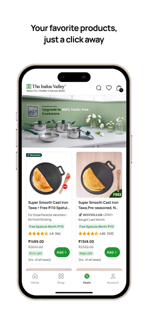 The Indus Valley mobile app showcasing toxin free cast iron tawa products and kitchenware deals