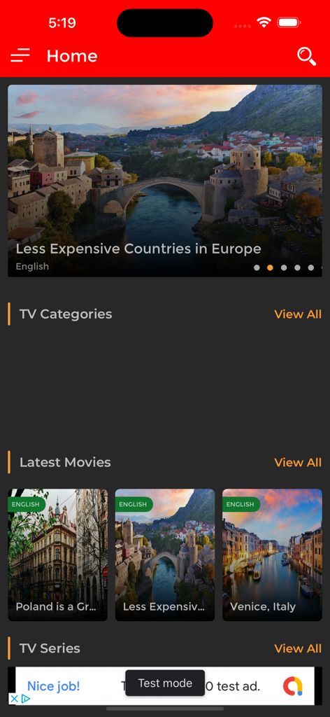 TheMemeTv - The home screen of TheMemeTv app featuring travel videos and categories for destinations in Europe and Italy.